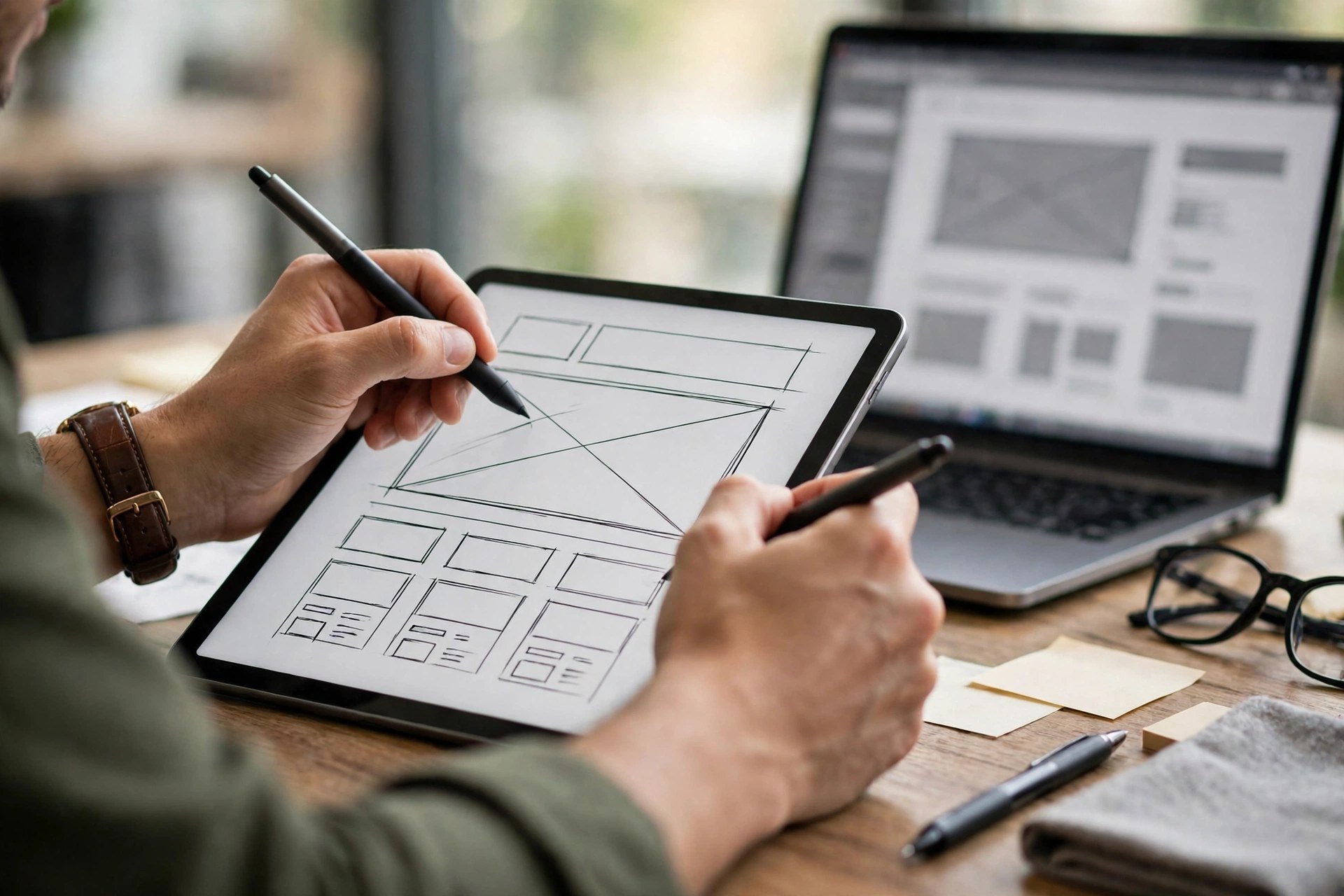 Designer sketching a website wireframe and user interface layout